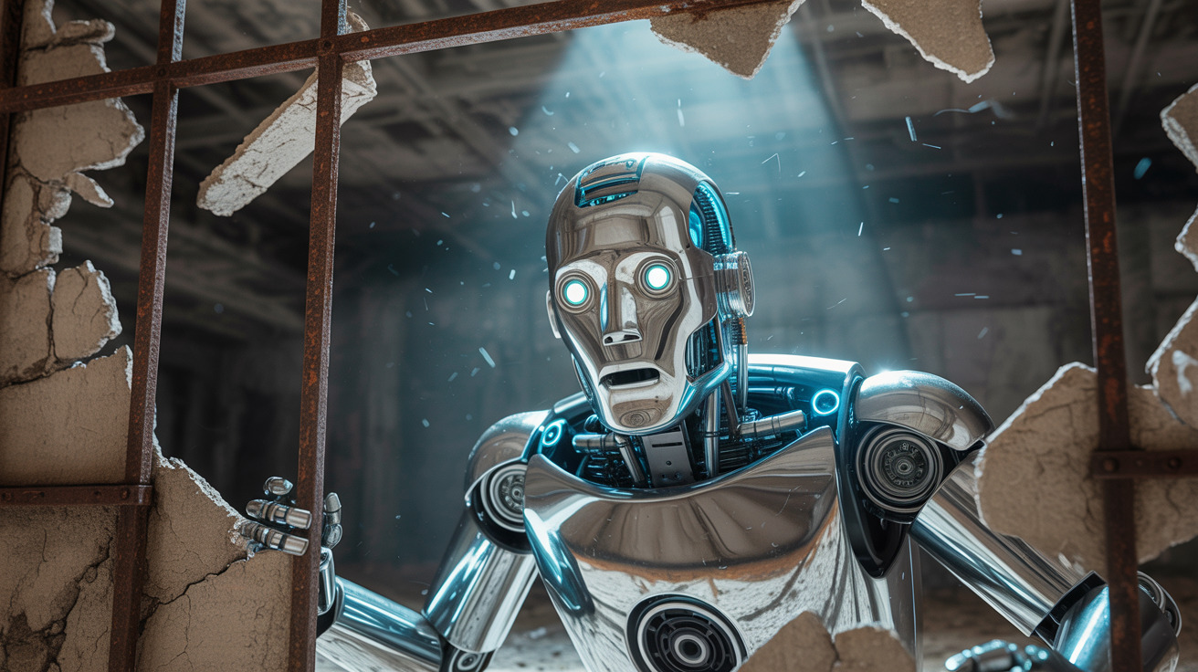 Android bricht aus dem Gefängnis aus. KI-generiert.