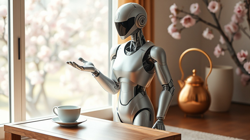 Humanoider Roboter serviert Tee. KI-generiert.