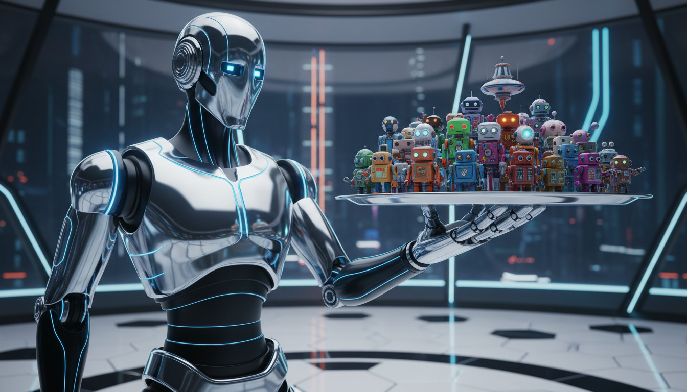 Roboter serviert Roboter auf einem Silbertablett. KI-generiert.