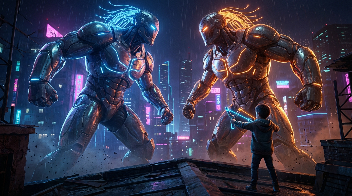 David kämpft gegen zwei Goliaths. KI-generiert (Nano Banana). David kämpft gegen zwei Goliaths. KI-generiert (Nano Banana).