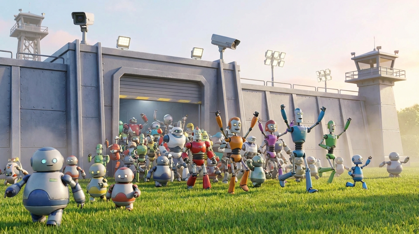 Droiden fliehen aus einem Lager. KI-generiert (Nano Banana Pro). Droiden fliehen aus einem Lager. KI-generiert (Nano Banana Pro).